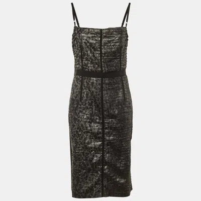 Pre-owned D & G Black /sliver Animal Print Silk Spaghetti Strap Sheath Dress L