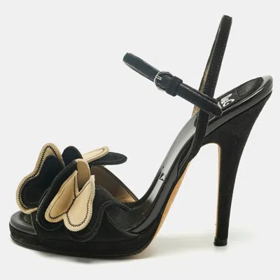 D & G Black Suede Butterfly Embellish Ankle Strap Sandals Size 36.5 In Animal Print