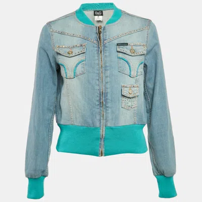 Pre-owned D & G Blue Crystal Embellished Denim Ribbed Trim Jacket S