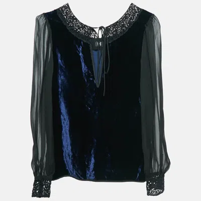 Pre-owned D & G Blue Lace Trim Velvet And Silk Blouse S