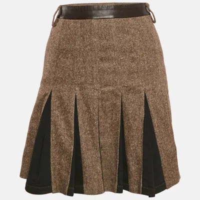 Pre-owned D & G Brown Wool And Leather Trim Pleated Mini Skirt S