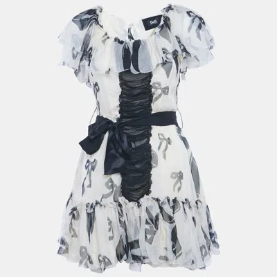 Pre-owned D & G Cream Bow Print Silk Ruffle Mini Dress M In White