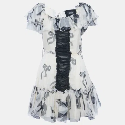 Pre-owned D & G Cream Bow Print Silk Ruffle Mini Dress S In White
