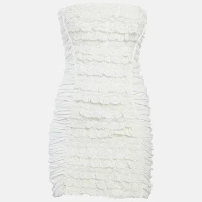 Pre-owned D & G Cream Cotton & Lace Ruched Strapless Mini Dress S In White