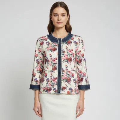 Pre-owned D & G Cream Floral Print Knit Denim Trim Button Up Jacket S In White