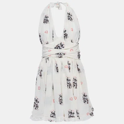 Pre-owned D & G Cream Mickey And Minnie Mouse Print Silk Halter Neck Dress S In White