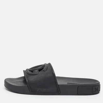 Pre-owned D & G Dg Cutout Interlock Size 39 Black Rubber Flat Slide