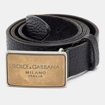 Pre-owned D & G Dolce & Gabbana Logo Plaque 85cm Black Leather Buckle Belt