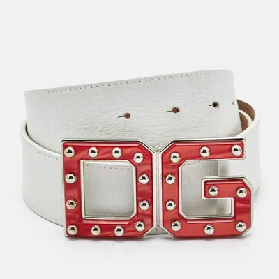 Pre-owned D & G Dolce & Gabbana White Leather Dg Studded Buckle Belt 90cm
