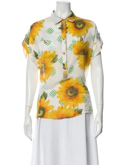 Pre-owned D&g Floral Print Short Sleeve Blouse In White