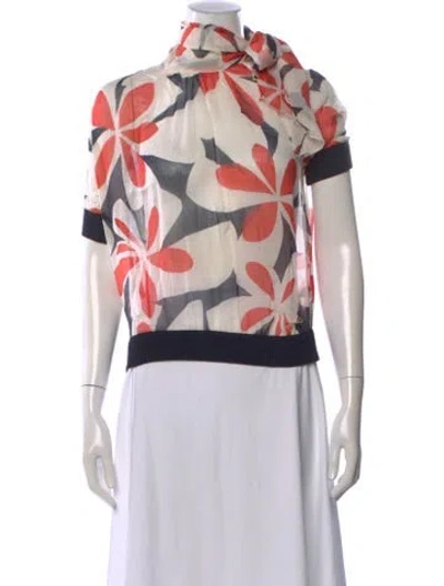 Pre-owned D&g Floral Print Tie Neck Top In White