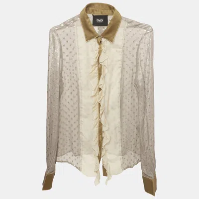 Pre-owned D & G Grey/gold Fil Coupé Chiffon Sheer Ruffled Blouse M