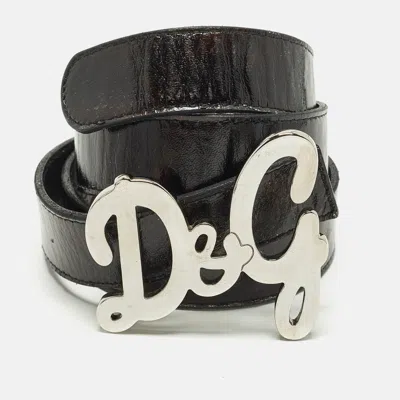 Pre-owned D & G Logo 80 Cm Buckle Belt Black /brown Patent Leather