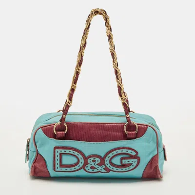 Pre-owned D & G Logo Blue/burgundy Lizard Embossed And Leather Satchel