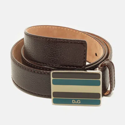 Pre-owned D & G Logo Plaque 85 Cm Buckle Belt Dark Brown Leather