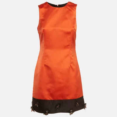 Pre-owned D & G Orange Sateen Contrast Embellished Hem Sleeveless Shift Dress S