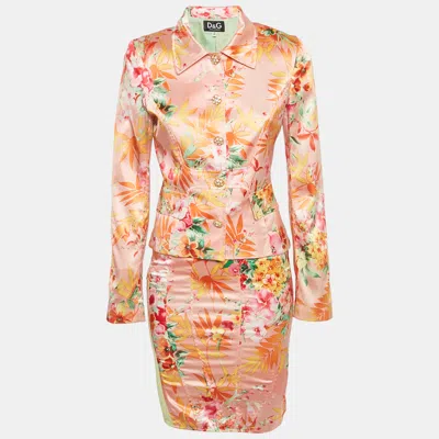Pre-owned D & G Pink Floral Printed Satin Jacket & Skirt Set M