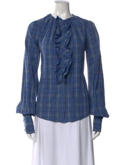 Pre-owned D&g Plaid Print Tie Neck Blouse In Blue