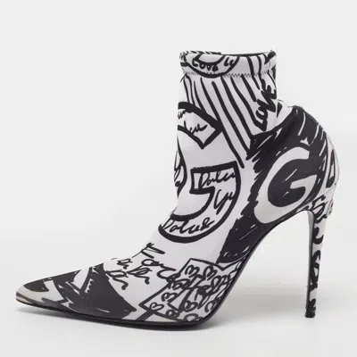 Pre-owned D & G Size 37 Black/white Stretch Fabric Ankle Length Boots