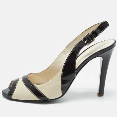 Pre-owned D & G Size 38.5 Off-white/brown Leather And Patent Leather Peep Toe Slingback Sandals