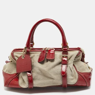 Pre-owned D & G Susanne Red/beige Patent Leather And Canvas Satchel