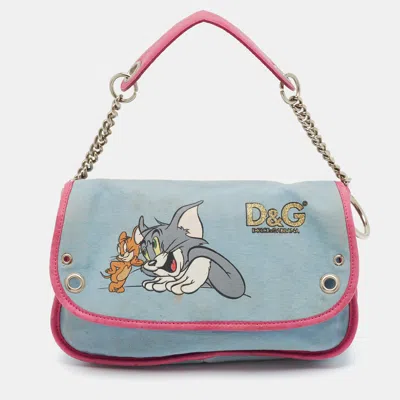 Pre-owned D & G Tom And Jerry Print Blue/pink Canvas And Leather Shoulder Bag