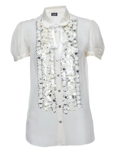 Pre-owned D&g Vintage Sequin-detail Silk Shirt In Neutral