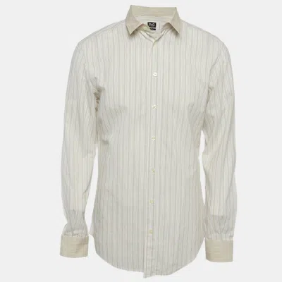 Pre-owned D & G White/beige Striped Logo Embroidered Cotton Shirt Xl