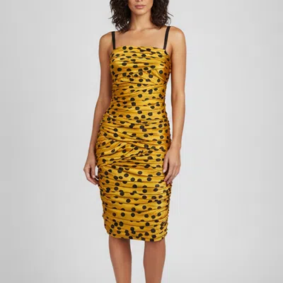 Pre-owned D & G Yellow Polka Dot Print Silk Satin Ruched Sleeveless Dress M