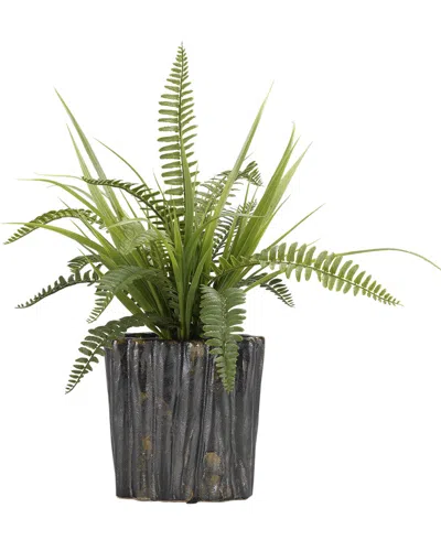 D&w Silks Boston Fern And Wild Grass In Oval Ceramic Planter In Green