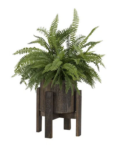 D&w Silks Boston Fern In Round Wooden Planter With Stand In Green