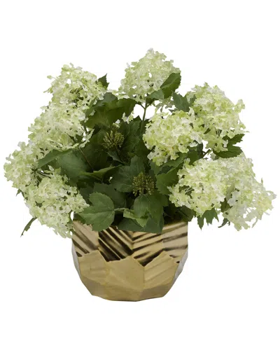 D&w Silks Cream/green Snowball Branch In Gold Ceramic Bowl
