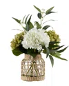 D&w Silks Hydrangeas And Eucalyptus In Jute Wrapped Glass Vase In White