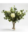 D&w Silks , Inc White Proteas With Oriental Ficus Branches In Glass Vase