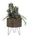 D&w Silks Jade Plant, Frosted Echeveria And Succulents In Round Wooden Planter With Wire Legs