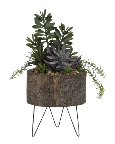 D&w Silks Jade Plant, Frosted Echeveria And Succulents In Round Wooden Planter With Wire Legs
