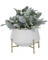 D&w Silks Lamb's Ear In White Glass Bowl With Metal Stand In Green