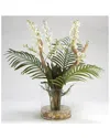 D&w Silks Large Ghostwood Branch With Dendrobium Orchids And Palm Frond In Glass Dish