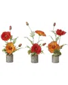 D&w Silks Red And Orange Poppies In Round Tin Planters - Set Of 3 In Orange