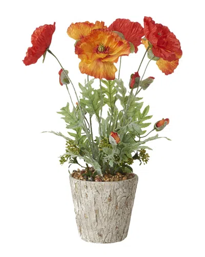 D&w Silks Red And Orange Poppies In Weathered Oak Look Cement Planter In Multi