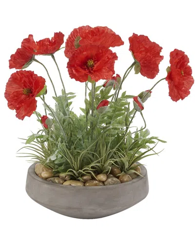 D&w Silks Red Poppies In Round Cement Bowl In Multi