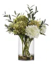 D&w Silks White & Green Hydrangeas With Olive Spray In Large Glass Cylinder In White
