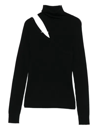 D EXTERIOR ASYMMETRICAL CUT-OUT BLACK WOOL SWEATER