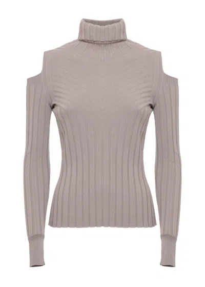 D Exterior Beige Cut-out Ribbed Viscose Turtleneck Sweater In Gray