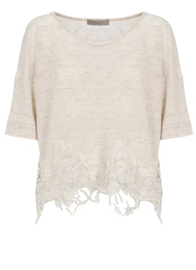 D Exterior Beige Lace Linen-blend Hem Short-sleeved Top In White