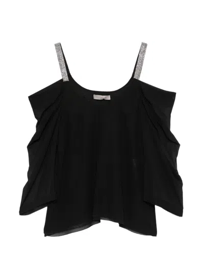 D Exterior Black Blouse With Rhinestones Sewn On The Shoulder Straps