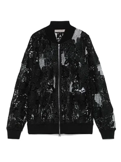 D Exterior Black Bomber Jacket With Lace Floral Embroidery