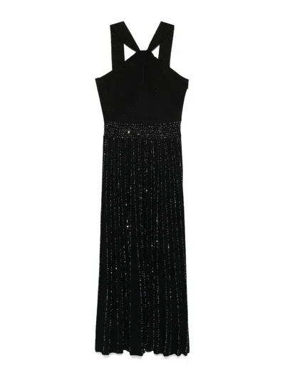 D Exterior Black Flared Long Dress With Lurex-effect