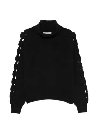 D Exterior Braided-sleeve High-neck Sweater In Black