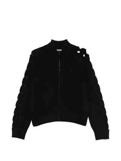 D Exterior Braided-sleeve Zip-up Sweater In Black